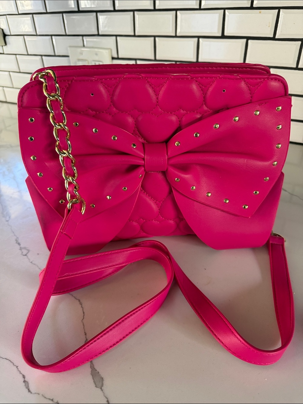 Betsey Johnson Bright Pink Quilted Bow Crossbody with Gold Chain